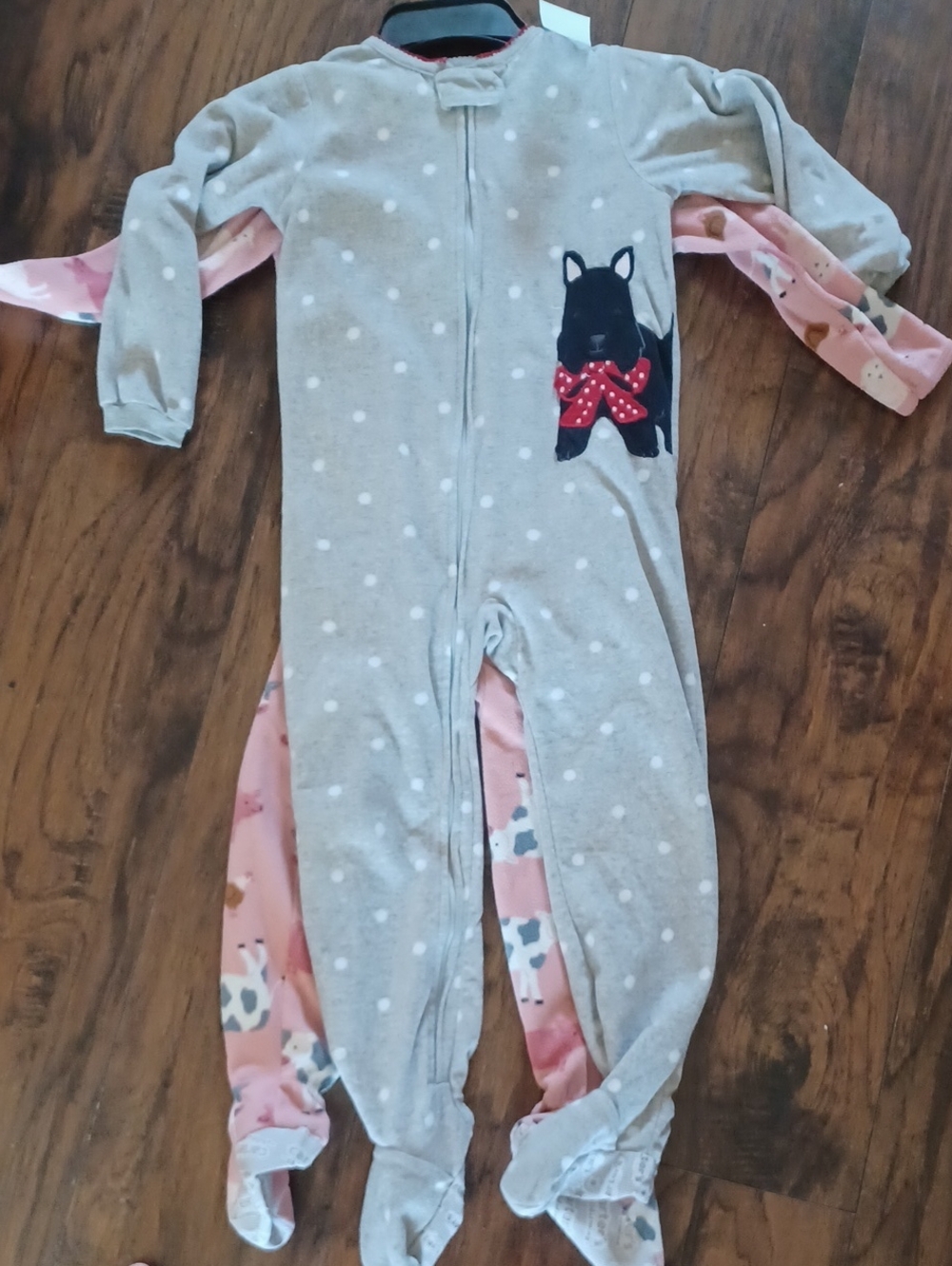 Grey Polka Dot Baby Footed One-Piece with Scottie Dog Applique